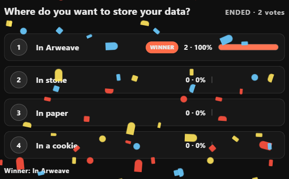 Our new polls widget for OBS/Meld Studio (connected from the chat) is now available. These are verifiable and permanent polls, our first step. 📊

The poll results will be automatically stored in <a href="/ArweaveEco/">Arweave Ecosystem</a>. ✍️

Take a look at the Tx: viewblock.io/es/arweave/tx/…