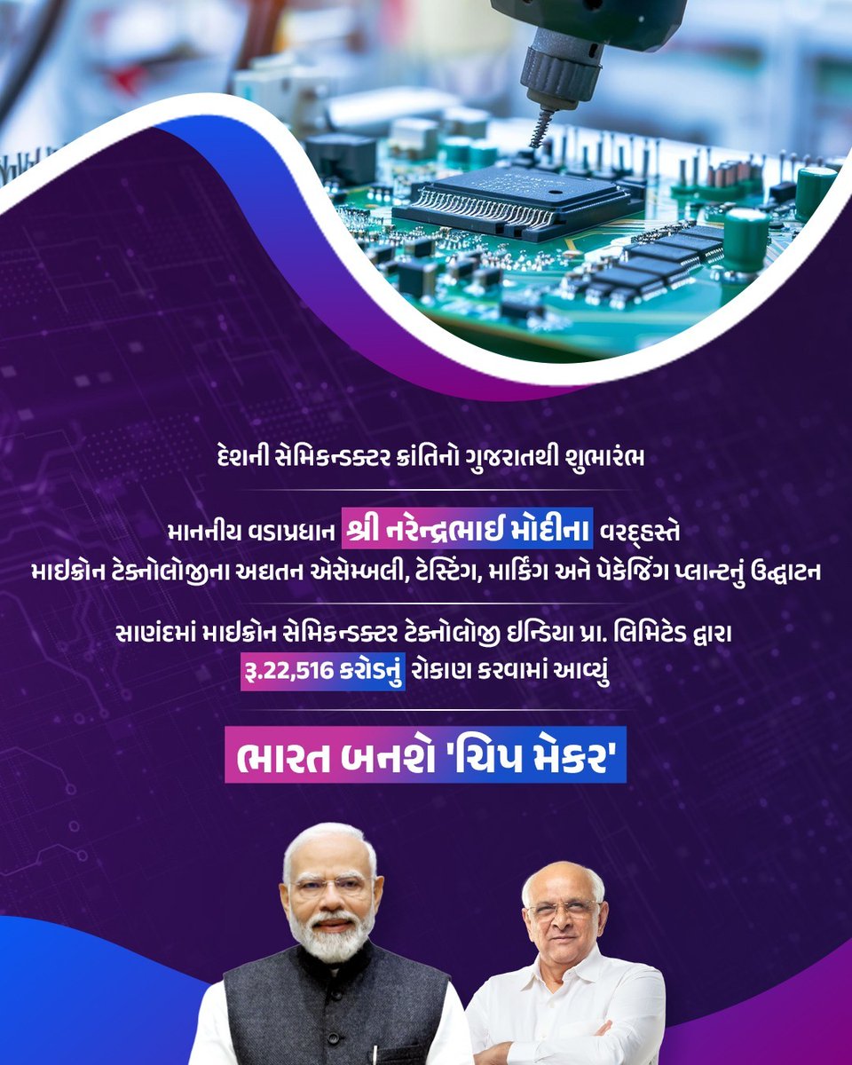 આત્મનિર્ભર ભારતની દિશામાં એક ઐતિહાસિક કદમ... 
માનનીય વડાપ્રધાન શ્રી નરેન્દ્રભાઈ મોદી આજે સાણંદ ખાતે દેશના પ્રથમ સેમિકન્ડક્ટર પ્લાન્ટ 'માઇક્રોન ટેક્નોલોજી'નું કરશે લોકાર્પણ...
#SemiconRevolution