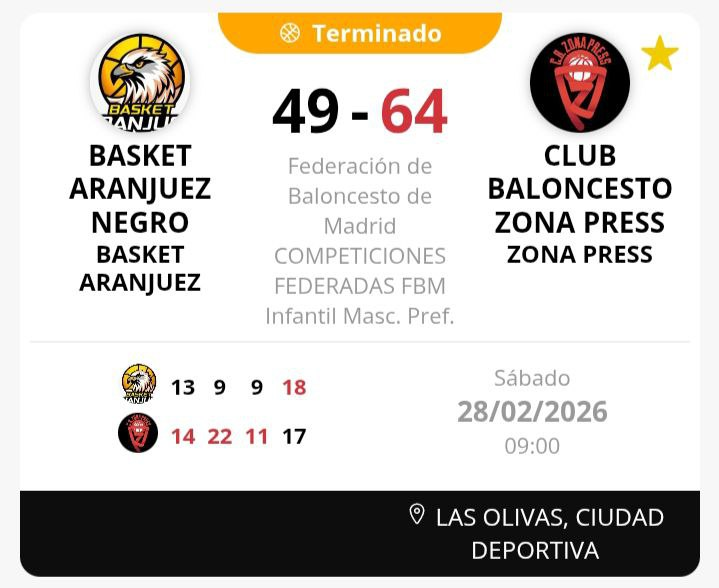 BasketAranjuez's tweet photo. Derrota del #InfMasc en casa frente a @ZonaCb. @GerardoUbeda73: "Gran partido en casi todos los minutos del encuentro, exceptuando los tres últimos minutos del segundo cuarto. Gran esfuerzo del equipo. Este es el camino." https://t.co/t8jiXBN7co