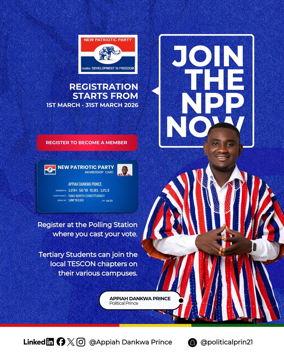 PoliticalPrin13's tweet photo. Fellow Ghanaian compatriots, you are all invited to partake in this pivotal juncture as the New Patriotic Party embarks on its forthcoming membership  
recruitment . 

Join The NPP now ! 

GOD IS THE LIFTER OF MEN❤️ https://t.co/GKWfZFH5IE