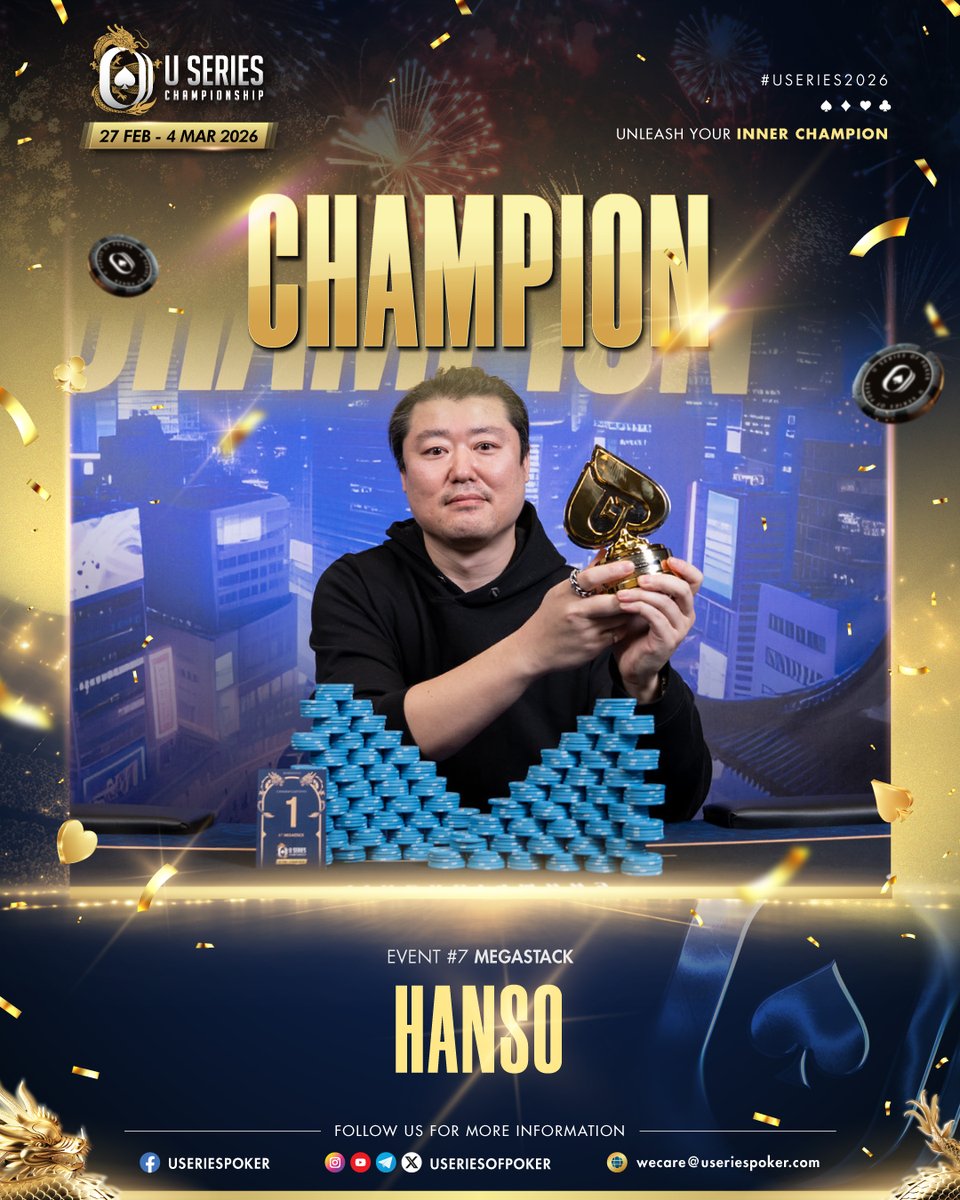 useriesofpoker's tweet photo. Champion of Event #7 Megastack  🏆

Congratulations to our Event #7 Megastack Champion in Osaka.

Well played. Well earned.

#USeries2026 #Megastack #Champion #Osaka https://t.co/5ahPF5SBBd