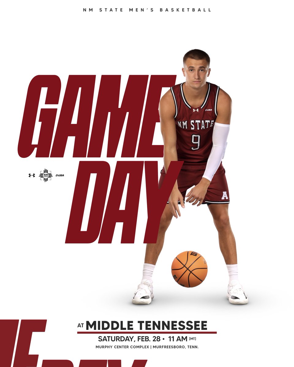 NMStateMBB's tweet photo. Gameday‼️🏀

🆚 Middle Tennessee 
🕐 11:00 a.m. MT 
📍 Murphy Center
📺 ESPN+
🎙️ KXPZ 99.5 FM
📈 https://t.co/eyfCsNSaYv

#AggieUp https://t.co/9cpslMBRPy