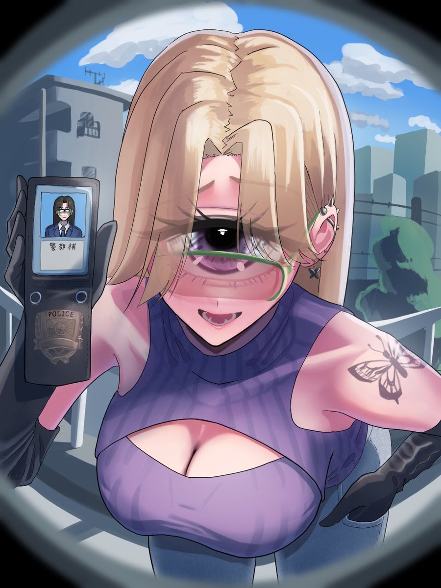 tagamochi_'s tweet photo. #毎月1日は単眼の日 
#人外
インターホンが鳴ったので覗いてみたら単眼悪徳警官お姉さんだった…… https://t.co/zcrScnL98W