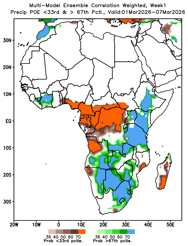 MaithyaVilivu's tweet photo. March Week 1 weather outlook: The skill-weighted consolidated multimodel ensemble charts show that most of the simulated weather scenarios lie in the >67th percentile, projecting wetter-than normal conditions conditions for over 90% of Kenya, spare for a few parts of NE &amp; Turkana https://t.co/DOfRvKHzI1