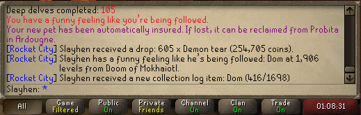 SlayhenRS's tweet photo. Pet #15 Dom at 1906 levels total delves and 105 deeps https://t.co/6M4MvPiyEw