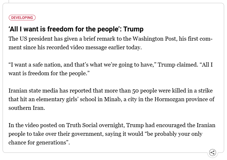A fascist authoritarian pedophile who is MURDERING Americans in the streets, building concentration camps, and attempting to rig the 2026 midterm elections w/ a voter suppression plot called the SAVE Act says to the people of Iran "All I want is freedom for the people." 😂🤣😂🤣