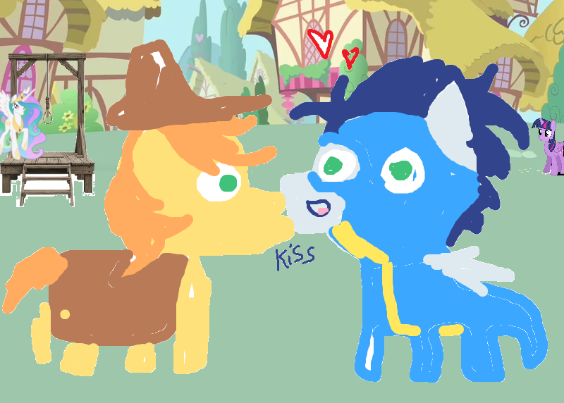 Braeburn(From My Little Pony) giving Soarin(Wonderbolt boyfriend) a kiss for good look before his big performance this afternoon, in front of the gallows where they'll be hung because showing public displays of affection for the same sex gets you the death penalty in Ponyville