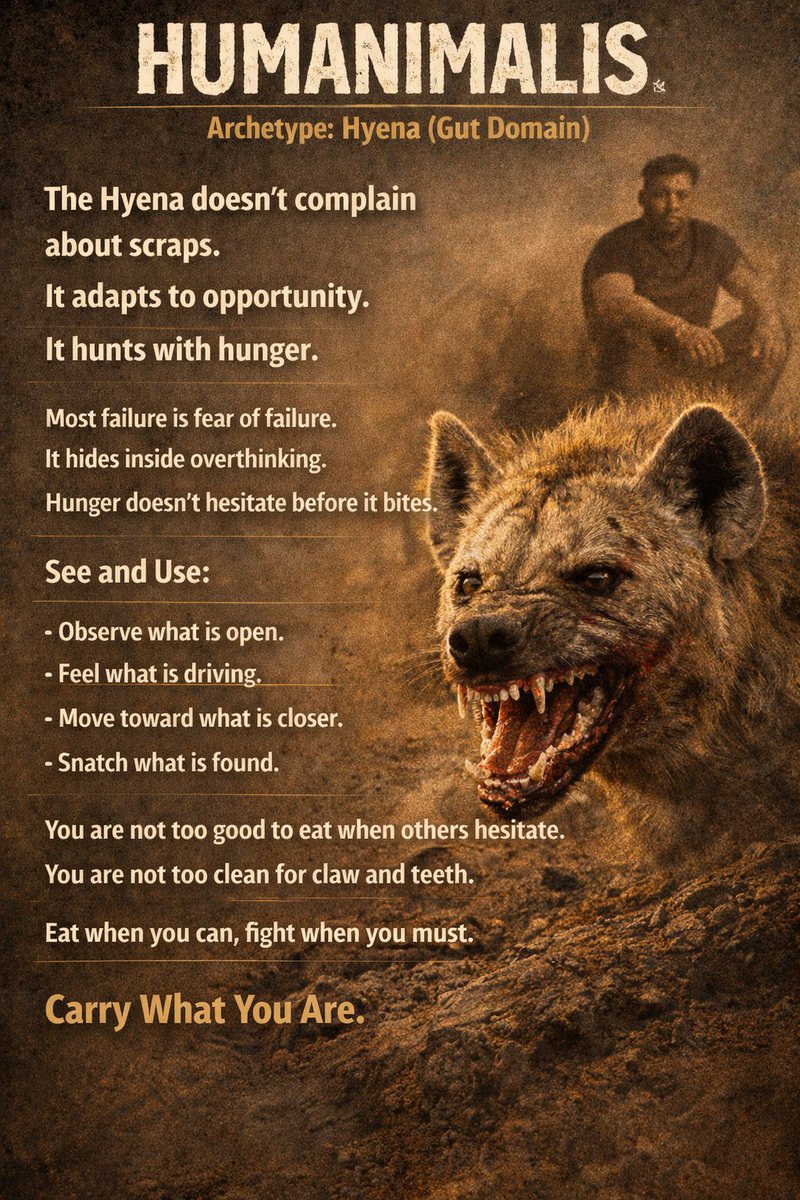 Humanimalis's tweet photo. Opportunity doesn’t announce itself.
The Hyena doesn’t complain.
It adapts.
It takes.
Hunger beats hesitation.
Carry What You Are.
#HUMANIMALIS https://t.co/gEIhzRmppq