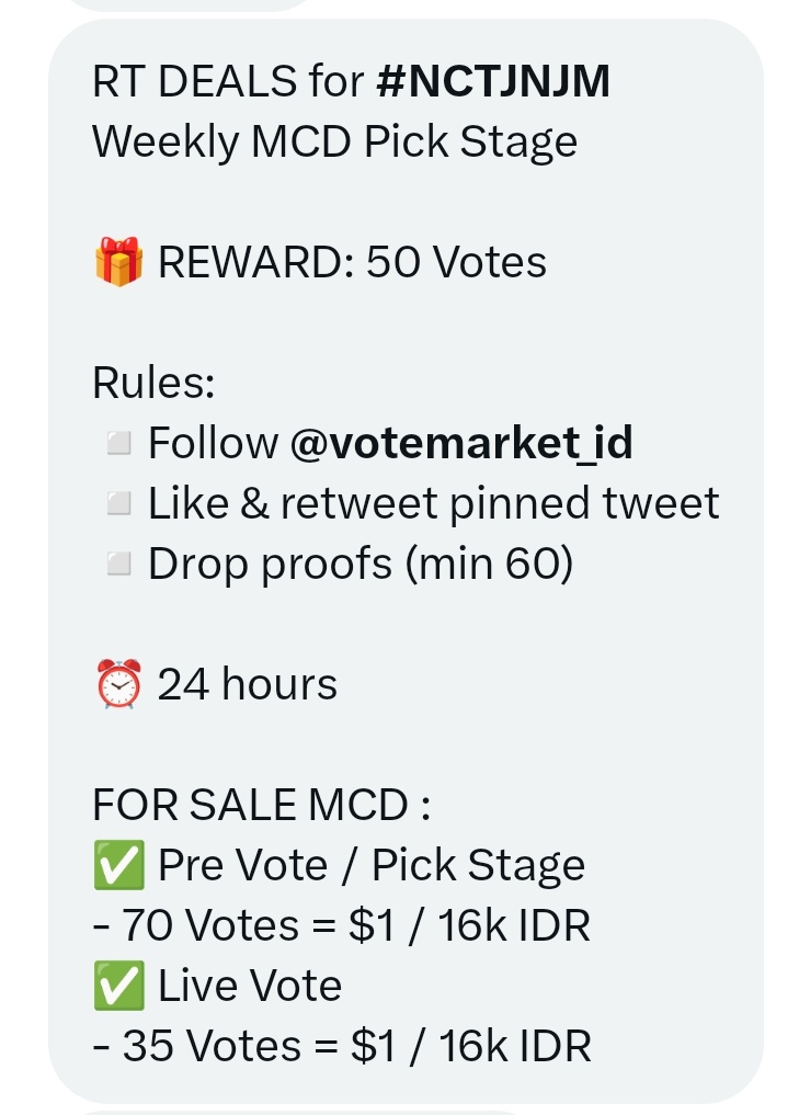 jjforlove_'s tweet photo. RT DEALS for #NCTJNJM
Weekly MCD Pick Stage

🎁 REWARD: 50 Votes

Rules: 
◽️Follow @votemarket_id 
◽️Like &amp; retweet pinned tweet
◽️Drop proofs (min 60)

⏰ 24 hours

FOR SALE MCD : 
✅ Pre Vote / Pick Stage
- 70 Votes = $1 / 16k IDR
✅ Live Vote
- ⁠35 Votes = $1 / 16k IDR https://t.co/KeTcuxsGtn