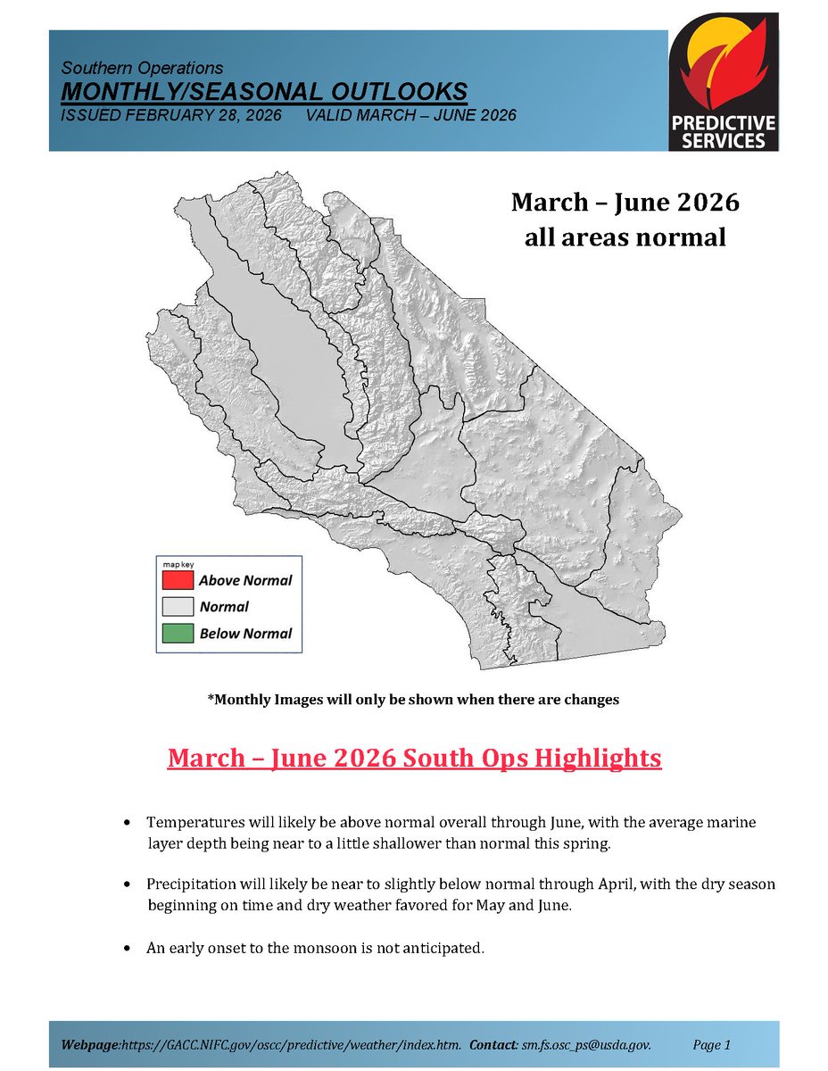 JhawkFire's tweet photo. 1/2 #SouthOpsPredictiveServices March-June_2026 #FireWeather #FireFuels #FireBehavior https://t.co/S61aL2PW9b @NWSLosAngeles @NWSSanDiego @NWSSPC @NWS_IMET_OPS @RichIMET https://t.co/vgCBxZl96v