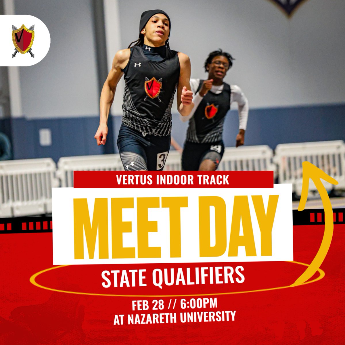 VertusAthletics's tweet photo. Indoor Track State Qualifiers tonight at Nazareth!  Let's Go Warriors!! ⚔️

Competitors:
Israel Fluitt - Triple Jump
Yariel Medina, Ja’Mai Snowden-Smith, Israel Fluitt, Tierjon Wiggins, Jordan Mitchell - 4x200

#vertustrack #vertusathletics #vertusdifference https://t.co/tKC6LzKcmN