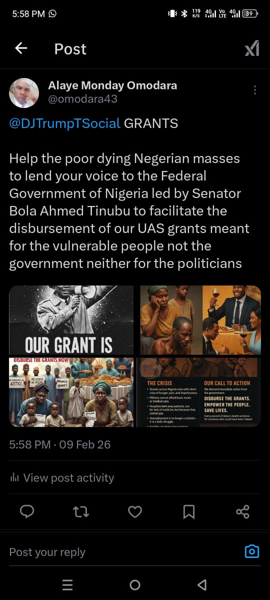 GGfdm39195's tweet photo. @realDonaldTrump Nigerians are dying 
No job, no food,  no development yet the grant given to poor masses of Nigeria,,,, NIGERIAN GOVERNMENT HAS vehemently refused to approve it for disbursement. 
@realDonaldTrump 
@IsraeliPM
@worldbank 
@Tedcruz
@RileyMooreWV
@UNHumanright 
@AfricanUnion 
@CNN https://t.co/S6H0WrLXjf