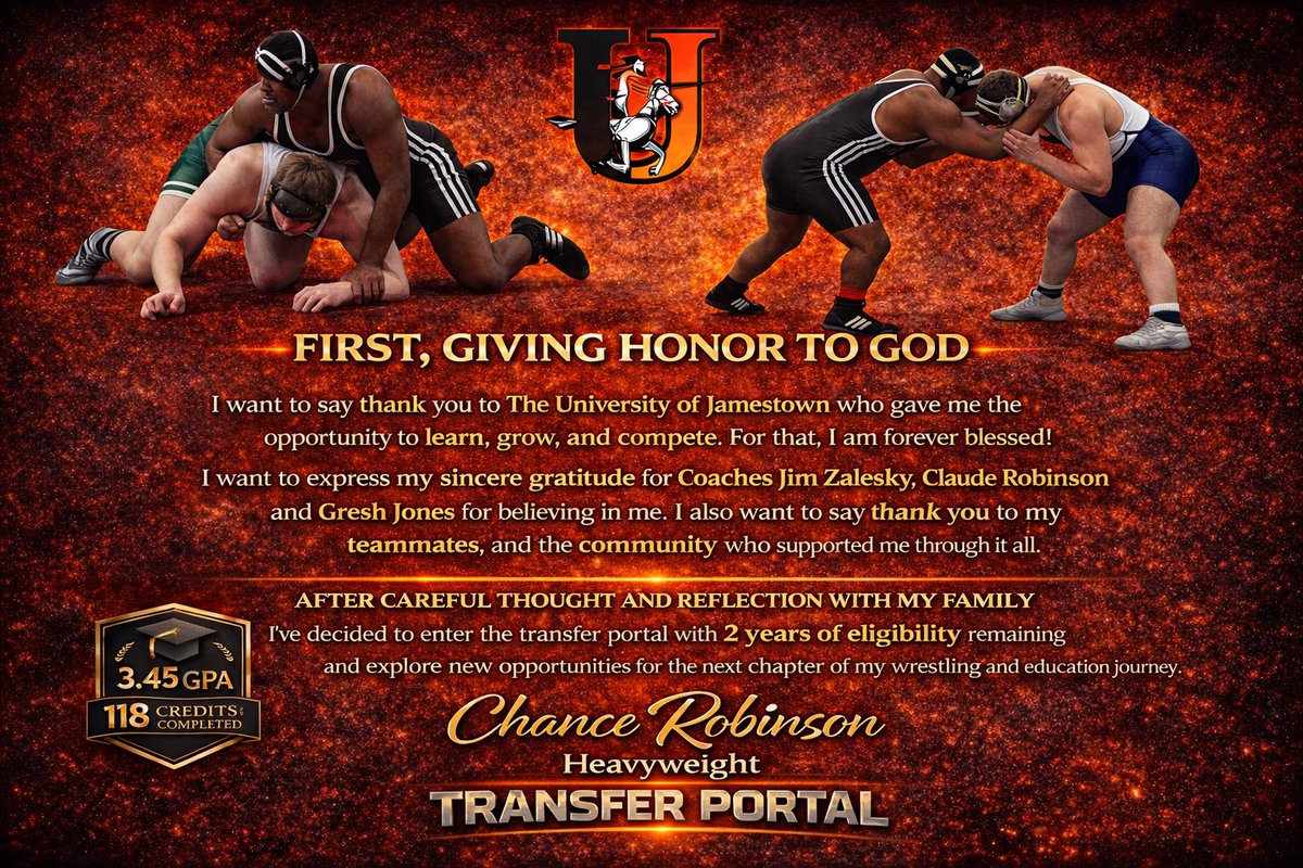 chanrob11's tweet photo. Grateful for The University of Jamestown, my coaches, teammates, and the entire community. For that, I am forever blessed.

3.45 GPA. 2 years of eligibility remaining. Heavyweight.

Trusting God. The work continues. Ready for the next chapter. https://t.co/X2jkq6RHY0
