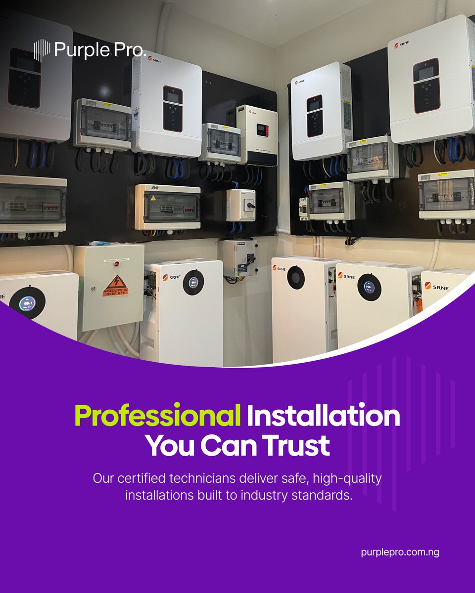 At Purple Pro, our certified technicians deliver installations engineered for safety, performance, and long-term reliability.

Proper cable sizing.
Correct protection configuration.
Secure mounting.
Compliance with safety standards.

📞 Call or WhatsApp 08069929758