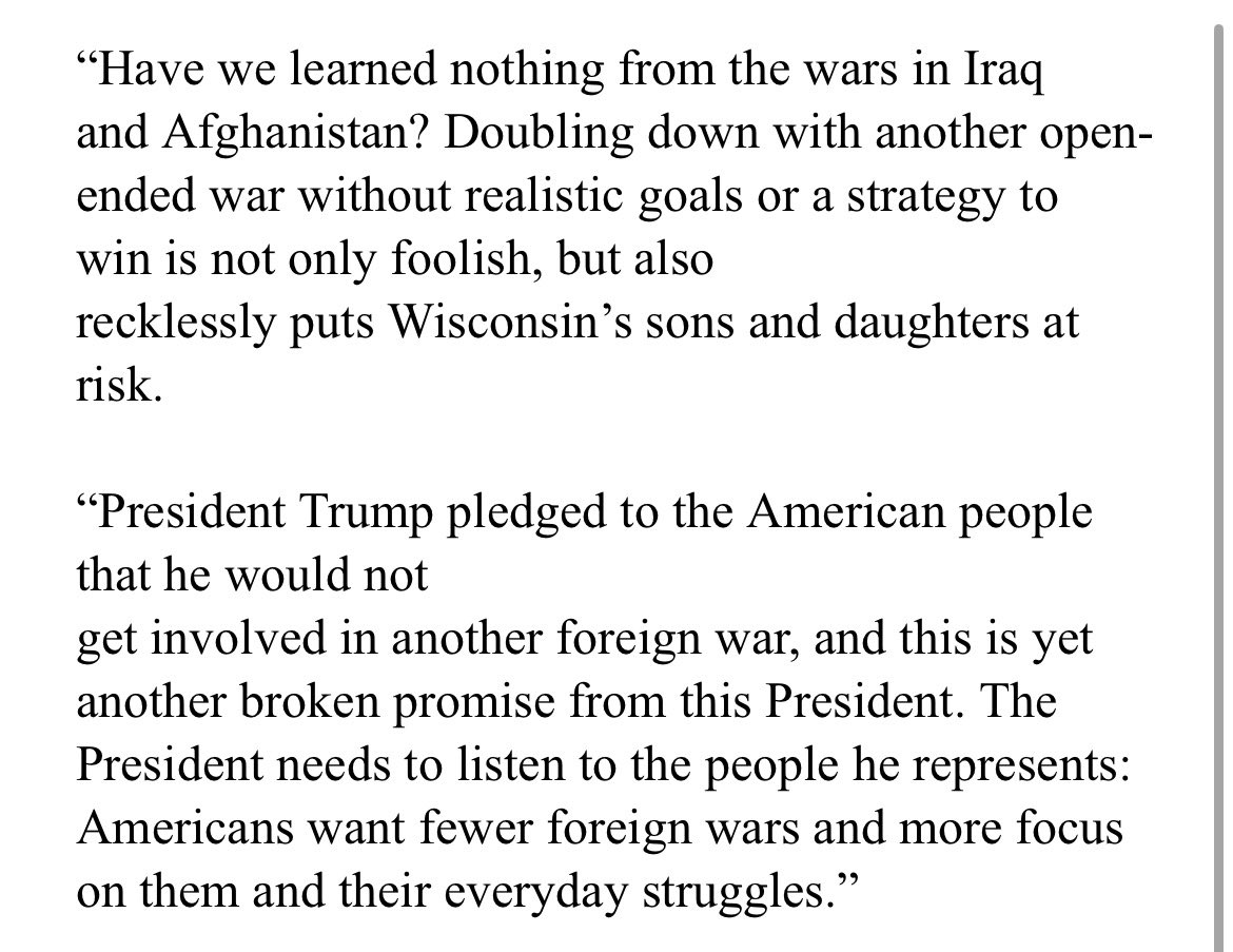 mattsmith_news's tweet photo. Sen. Tammy Baldwin: “President Trump illegally bombed Iran, totally disregarding the Constitution, putting American troops in harm’s way, and starting another war in the Middle East with no end in sight.” https://t.co/4JRueMMNPq