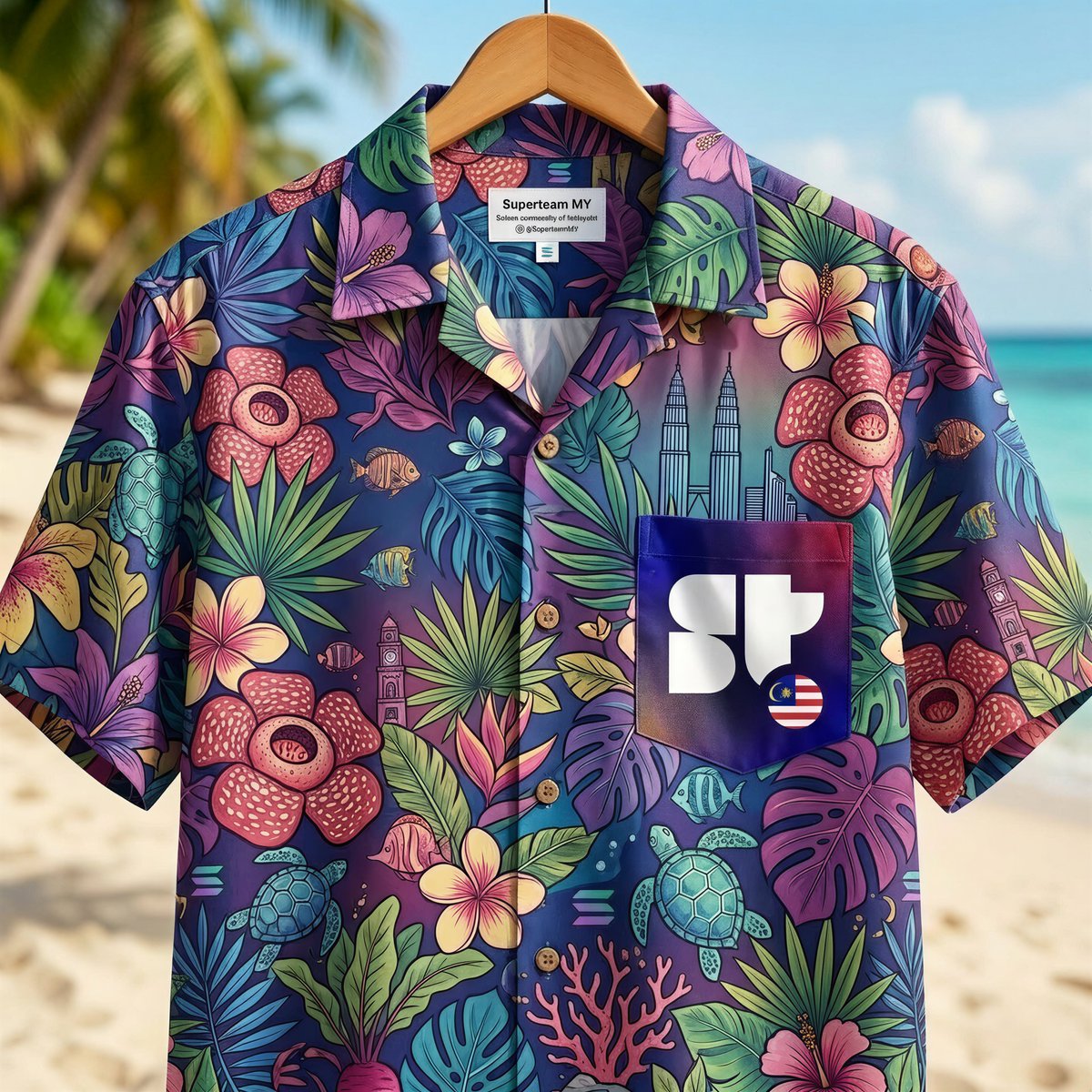 Chicken_Oyster's tweet photo. STOP making boring black &amp; white Web3 Merch！

For my @SuperteamMY merch entry, I’m bringing the “Malaysian Tropics” vibe to the Solana Builders. 🌴

Perfect outfit for Solana Startup Village and daily tropical wear.

🛠️Tool:
Photoshop, Nano Banana Pro

#SuperteamMYMerch https://t.co/fwmup0mzPy