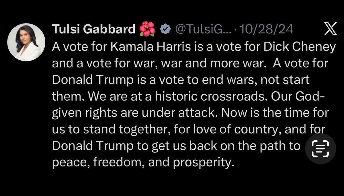 So I assume <a href="/DNIGabbard/">DNI Tulsi Gabbard</a> turned in her resignation this morning. 

Right, <a href="/TulsiGabbard/">Tulsi Gabbard 🌺</a>? 🤔