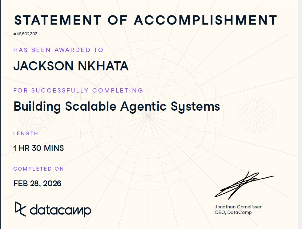 jacksonnkhata's tweet photo. Day 20 of my 30 days of data challenge with DCA
Completed Building Scalable Agentic Systems
#30DaysOfDataChallenge #DCDonates #DatafestAfrica #DCA
@DataCampDonates
@DataFestAfrica https://t.co/YUpalnzMUp