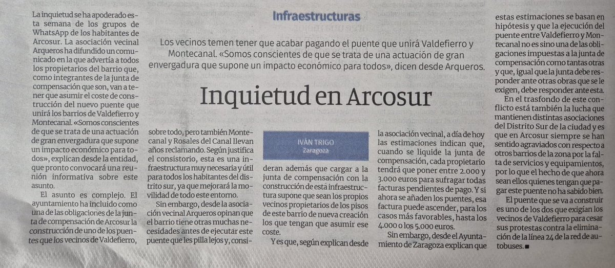 arquerosarcosur's tweet photo. Noticia original, 28/02/2026 El periódico de Aragón , en papel

Temor entre los vecinos de #Arcosur a tener que acabar pagando el puente que unirá Valdefierro y Montecanal
🗞️28/02/2026 El periódico de Aragón 
https://t.co/SjVexaekIT https://t.co/V3GroidtRq