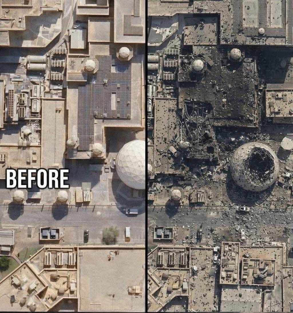 #BREAKING 
Before vs. after 

An American radar in Qatar was completely destroyed today in an Iranian drone strike.