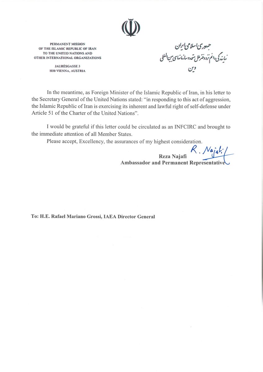 PMIRAN_Vienna's tweet photo. In light of ongoing acts of aggression by the U.S. and Israeli regimes initiated on 28 February 2026, @PMIRAN_Vienna in a letter to @rafaelmgrossi called for an urgent extraordinary meeting of the Board of Governors @iaeaorg. Baseless claims, vicious threats and wrongful acts of aggressors against Iran's peaceful nuclear program shall be addressed by the Board immediately.