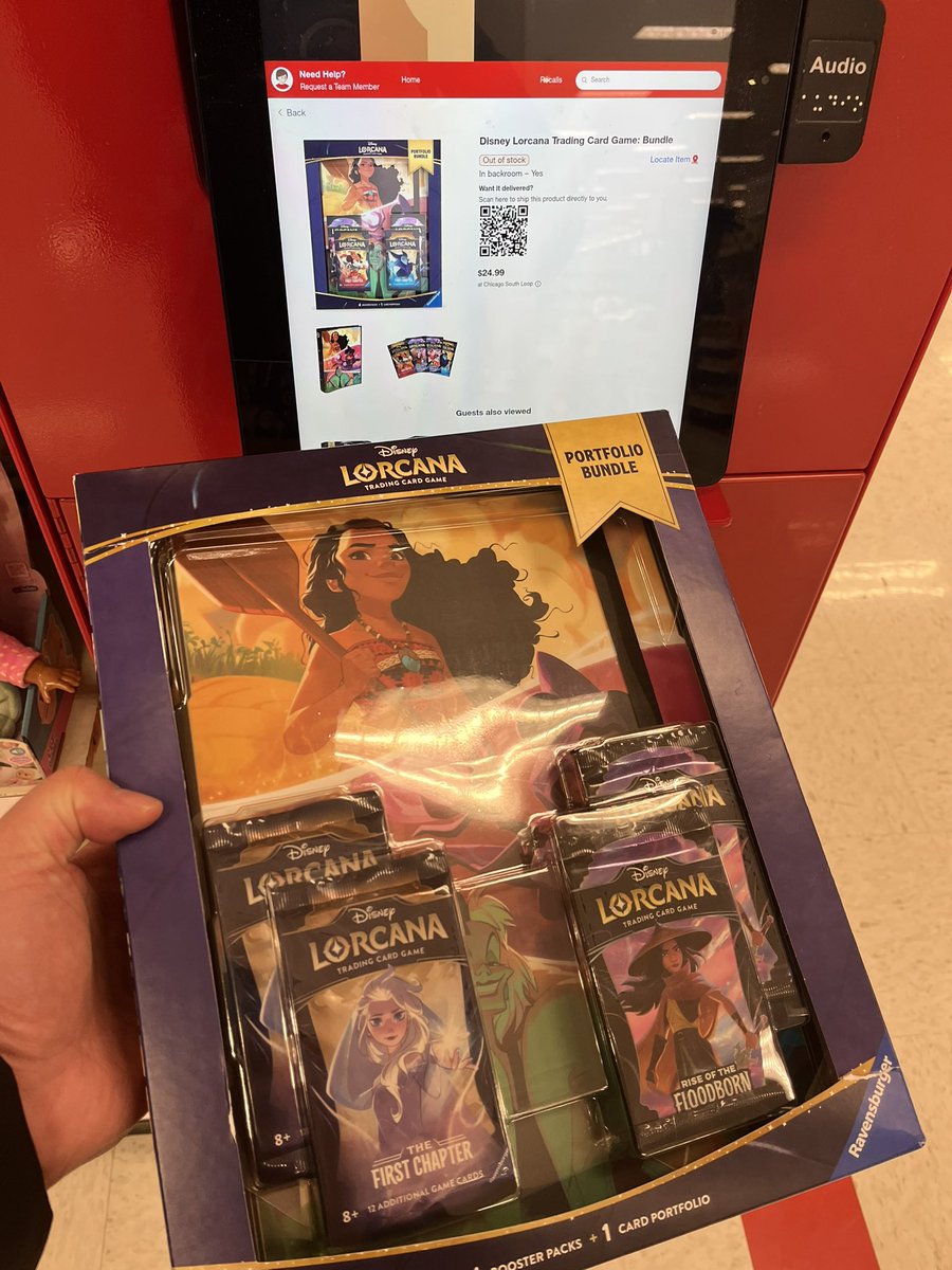 Oldhandsnewpack's tweet image. Disney Lorcana Portfolio Bundle $24.99 at Target if they have them - this is the Black Friday box with 2 packs each of First Chapter and Floodborn.  Lorcana has been around for a bit and to see “first release” cards still available is interesting #disney #lorcana #tcg #moana