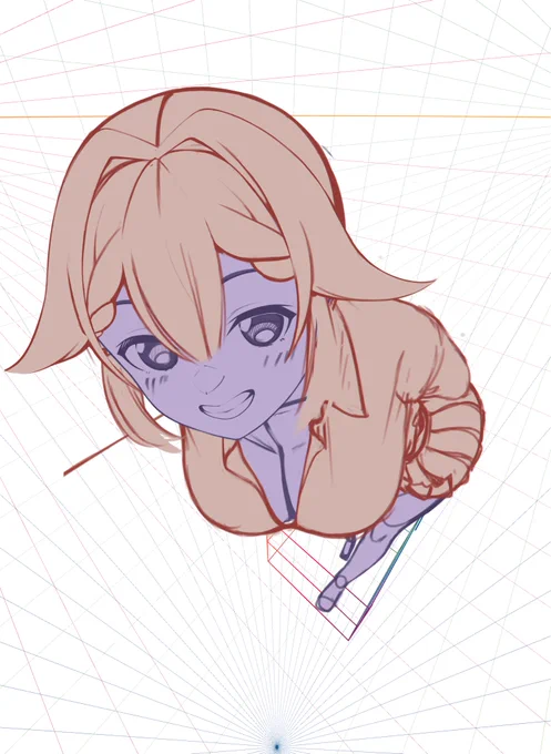 続きで服などを描いていました_φ(・_・ パースが強すぎてスカートの描画がすごく難しい…(自業自得)