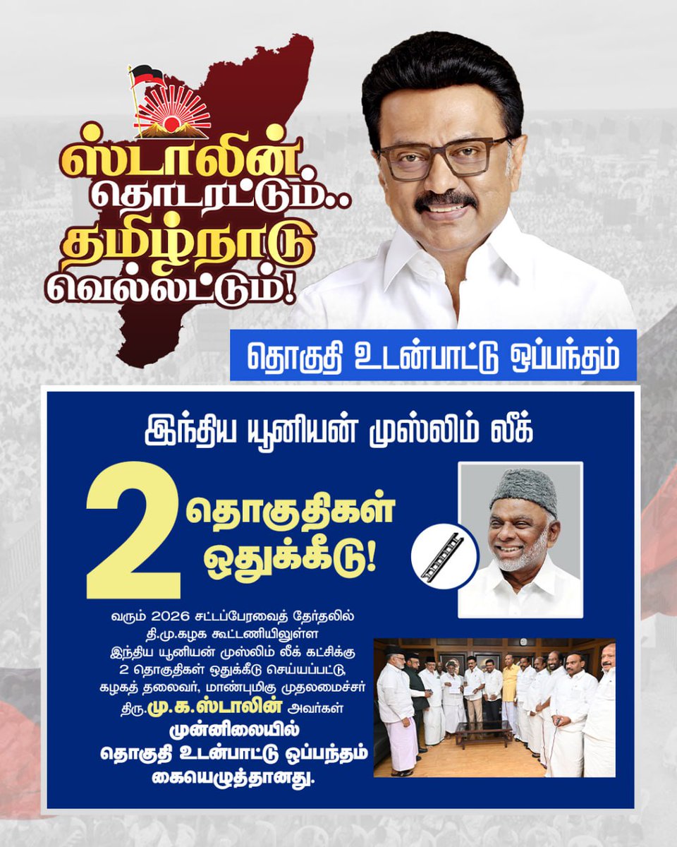 இந்திய யூனியன் முஸ்லிம் லீக்கிற்கு 2 தொகுதிகள்! 

வரும் 2026 சட்டப்பேரவைத் தேர்தலில் தி.மு.கழக கூட்டணியிலுள்ள இந்திய யூனியன் முஸ்லிம் லீக் கட்சிக்கு 2 தொகுதிகள் ஒதுக்கீடு செய்யப்பட்டு, கழகத் தலைவரும் மாண்புமிகு முதலமைச்சருமான திரு. <a href="/mkstalin/">M.K.Stalin - தமிழ்நாட்டை தலைகுனிய விடமாட்டேன்</a> அவர்கள் முன்னிலையில் தொகுதி உடன்பாட்டு