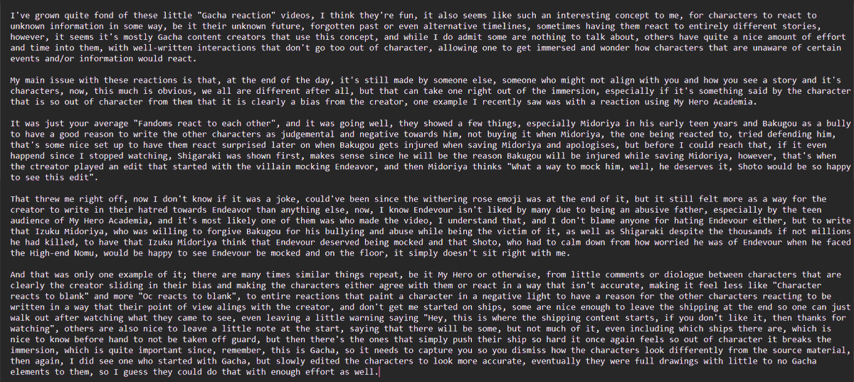 TheRelinquished's tweet photo. This is a rant about Gacha Club reaction thoughts that wouldn't leave my mind, so I wrote them down. I might as well share them, because why not?

I'm aware some might see those reactions as stealing content, but many put real effort into them, so I can't hate them, my apologies. https://t.co/gK8moMv0gU