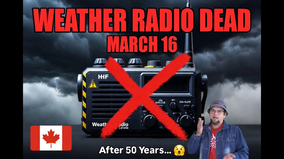 RobbieStrike3's tweet photo. 🚨 CANADA’S WEATHER RADIO IS BEING SHUT DOWN — FOREVER.
After 50 years of 24/7 life-saving VHF broadcasts, Environment Canada is pulling the plug on Weatheradio Canada (and the Hello Weather phone service) on March 16, 2026.
No more dedicated emergency alerts when the power’s out, cell service dies, or you’re out on the water / in the bush.
They say “just use the app.” We all know how well that works in a real emergency.
I break down exactly what’s happening, why they’re doing it, and what it means for boaters, truckers, rural Canadians, and anyone who actually wants backup when everything else fails.
👉 Watch the full breakdown right here (starts at 10:50): https://t.co/8Eh0Qm7Y0k
This is bigger than most people realize. Drop your thoughts below — short-sighted cost-cutting… or a dangerous mistake?
#WeatheradioCanada #WeatherRadio #EmergencyPreparedness #CanadaWeather #EnvironmentCanada