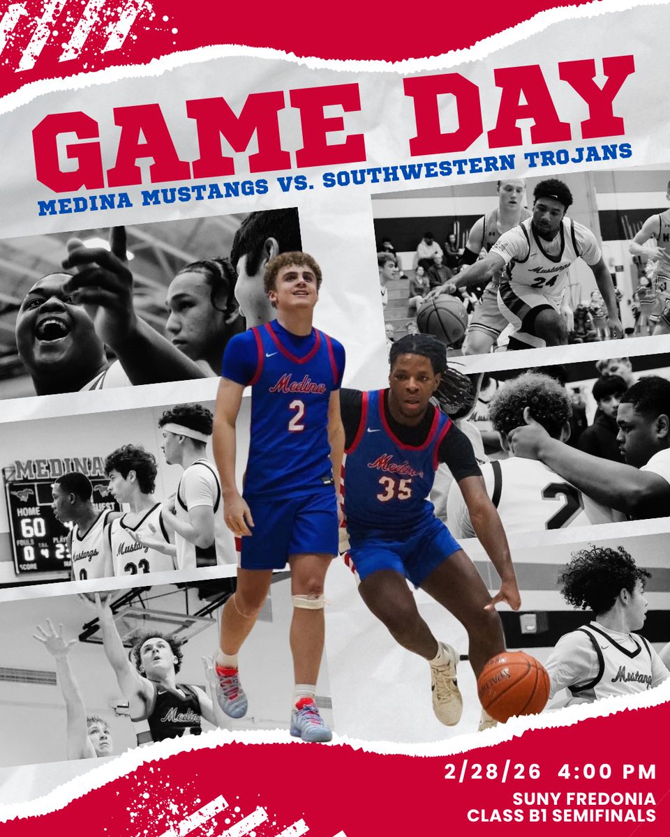 MustangsBBall_'s tweet photo. 🐴🏀GAME DAY!🐴🏀

We travel down to SUNY Fredonia to take on Southwestern in the Section 6 Class B1 Semifinals! Winner advances to the championship game next Wednesday!

       #5 Medina Mustangs (15-6)
🆚 #9 Southwestern Trogans (12-10)
📍- SUNY Fredonia
⏰- 4:00 PM https://t.co/cYYIzR4VsP