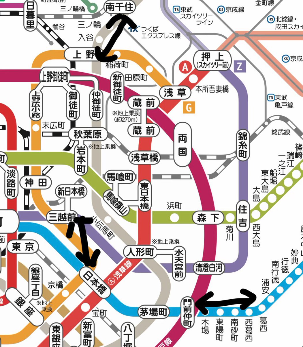 地下鉄の路線図、実際の地図と全然違う。 例えば路線図でこの3区間は同
