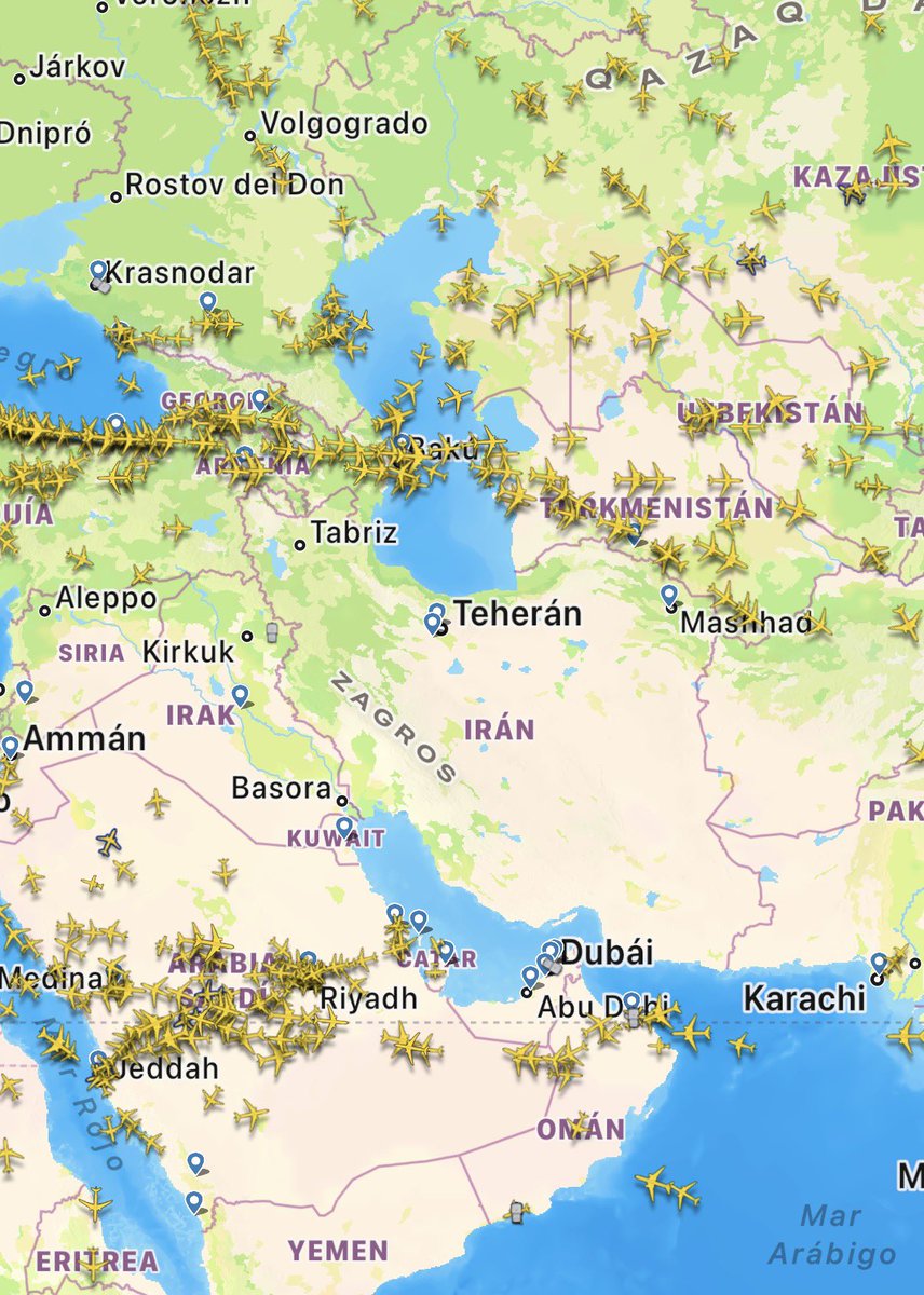 Así está el espacio aéreo sobre Iran y países vecinos.
