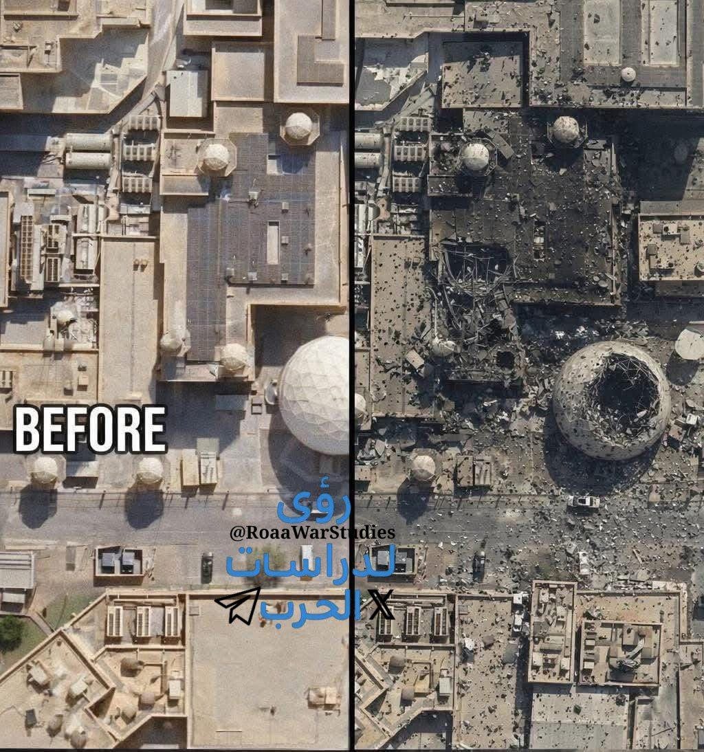 Iranmilitary24's tweet image. The American radar in Qatar before and after.