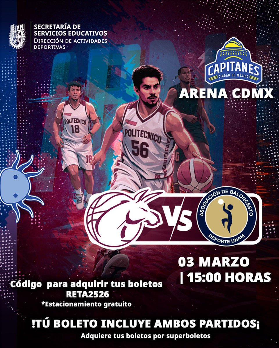 IPN_MX's tweet photo. 🏀✨ La rivalidad más grande del deporte universitario regresa a la duela.
Este 3 de marzo a las 15:00 h, la Arena CDMX será el escenario del esperado Clásico IPN 🆚 UNAM, como parte de la celebración por el #IPN90Años.

🎟 Código para adquirir tus boletos: RETA2526
🚗 Estacionamiento gratuito

Que se escuche fuerte y claro el
#Huélum de apoyo a nuestra selección 💪🔥

#ClásicoUniversitario