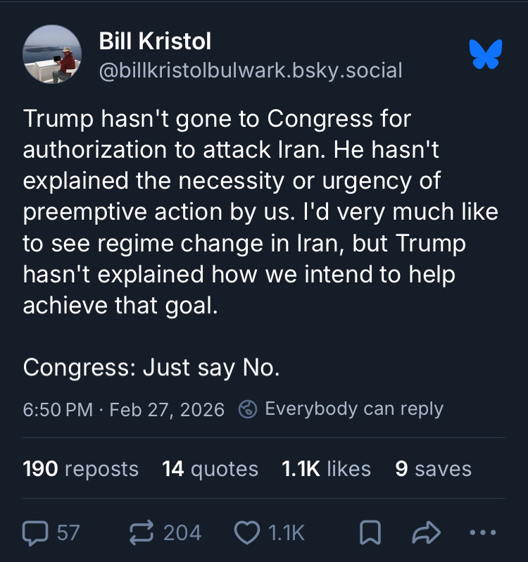Bill Kristol is so left wing now, that he’s almost been negatively polarized against striking Iran