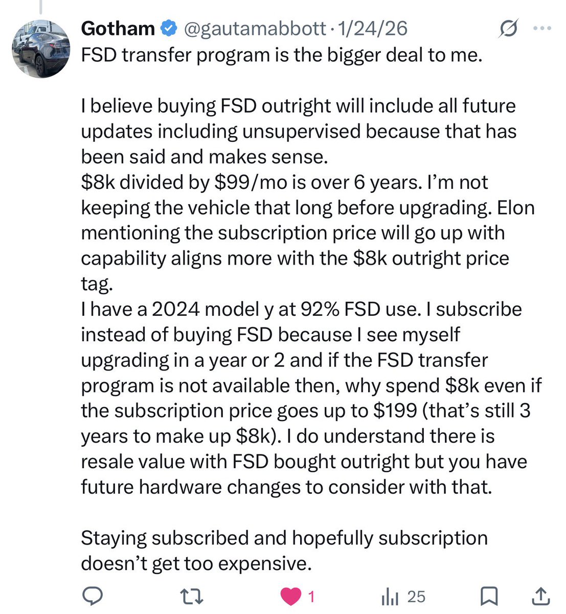 gautamabbott's tweet photo. @Cyber_Trailer Yup , not knowing how long the transfer program will last kept me from purchasing FSD. https://t.co/qGeBiSDq78