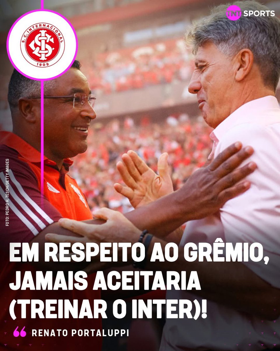 E quem disse que alguém iria querer isso por aqui???

TREINAR O INTERNACIONAL? NADA DISSO! ❌🇦🇹 Renato Portaluppi ressaltou seu respeito ao Colorado e seus torcedores, mas afirmou que nunca treinaria o maior rival do Grêmio! #FutebolBrasileiro

Crédito: Romário TV