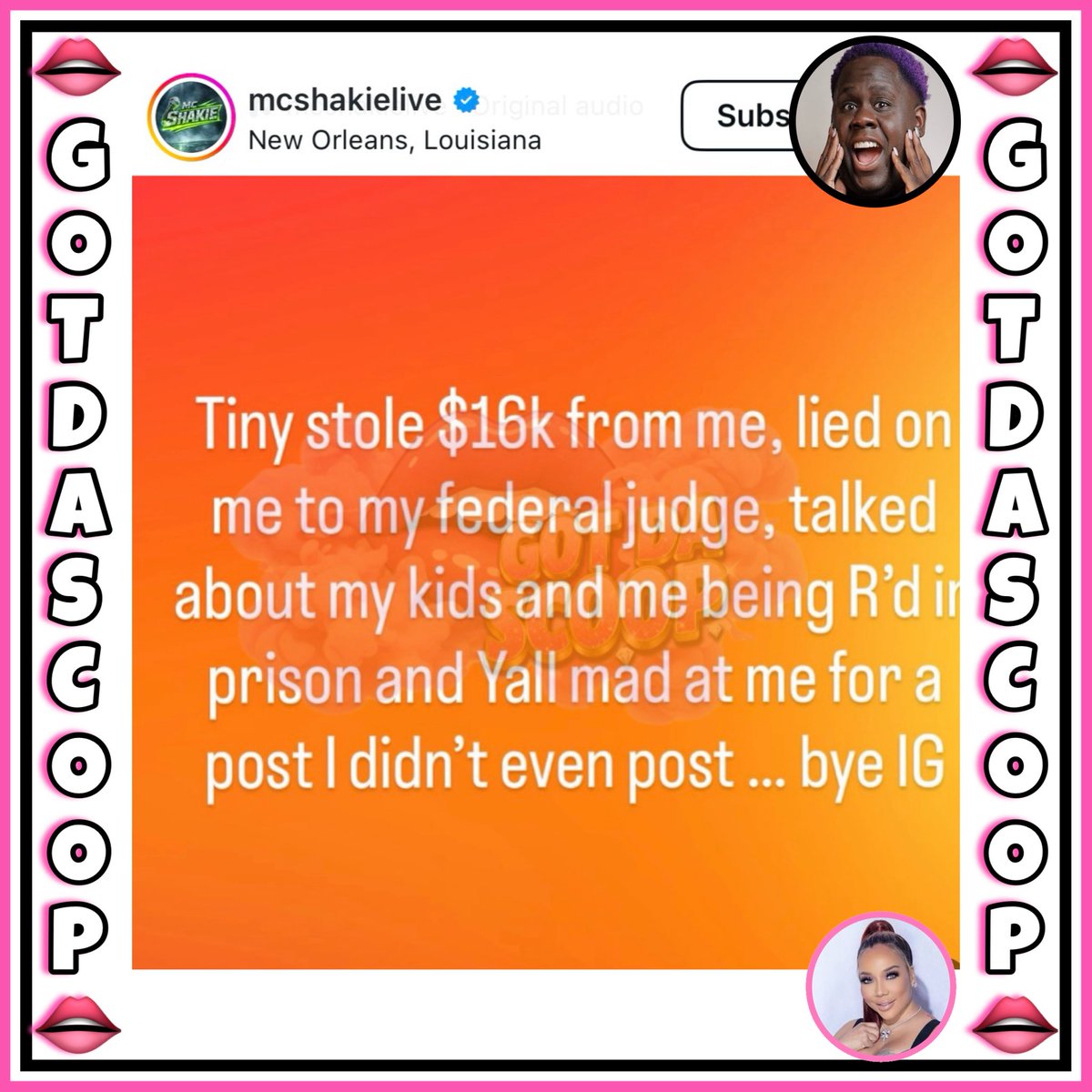 GotDaScoop's tweet photo. Mc Shakie claims Tiny Harris allegedly stole money from him &amp; lied on him to a federal judge. 👀

“Tiny stole $16k from me, lied on me to my federal judge, talked about my kids and me being R'd in prison and Yall mad at me for a post I didn't even post ... bye IG” https://t.co/qDQxadXfnV