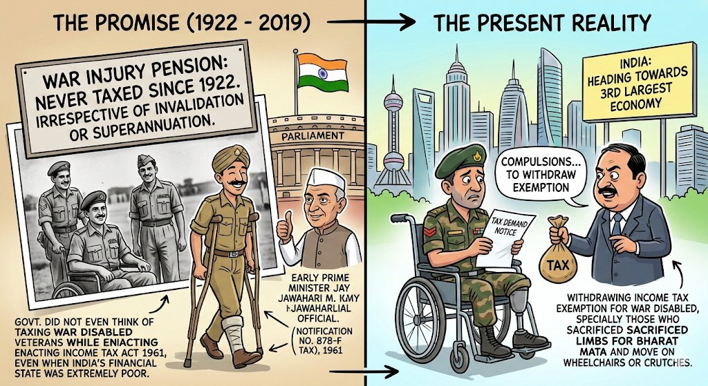 1922 से disability pension पर कभी tax नहीं लगा—चाहे invalidated out/retired 1961 के IT act में अलग clause (Notification 878-F) है। भारत गरीब था तब भी सरकार ने war disabled veterans  पर tax नहीं सोचा,आज 3rd largest economy सरकार की मजबूरी क्या कि wheelchair/crutch pension पर Tax?