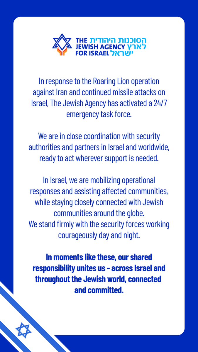 In response to the Roaring Lion operation against Iran and continued missile attacks on Israel, The Jewish Agency has activated a 24/7 emergency task force.

1/4