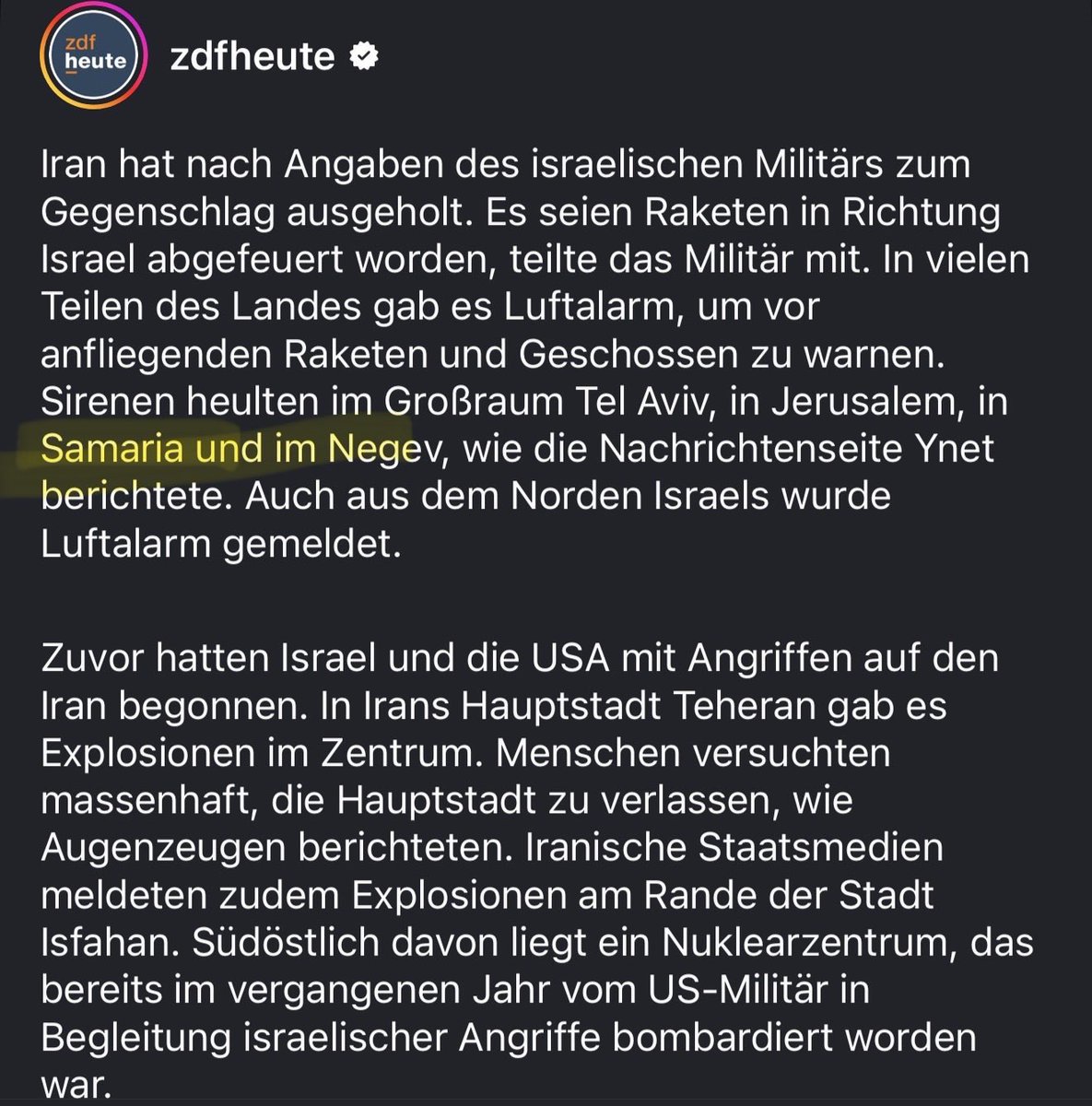 Sofern das ZDF <a href="/ZDFheute/">ZDFheute</a> nicht bewusst die völkerrechtswidrige #Annexion des besetzten palästinensischen Gebiets unterstützt, muss es seine Bezeichnung des besetzten Westjordanlands als „Samaria“ unverzüglich korrigieren und die redaktionellen Abläufe überprüfen, die diesen