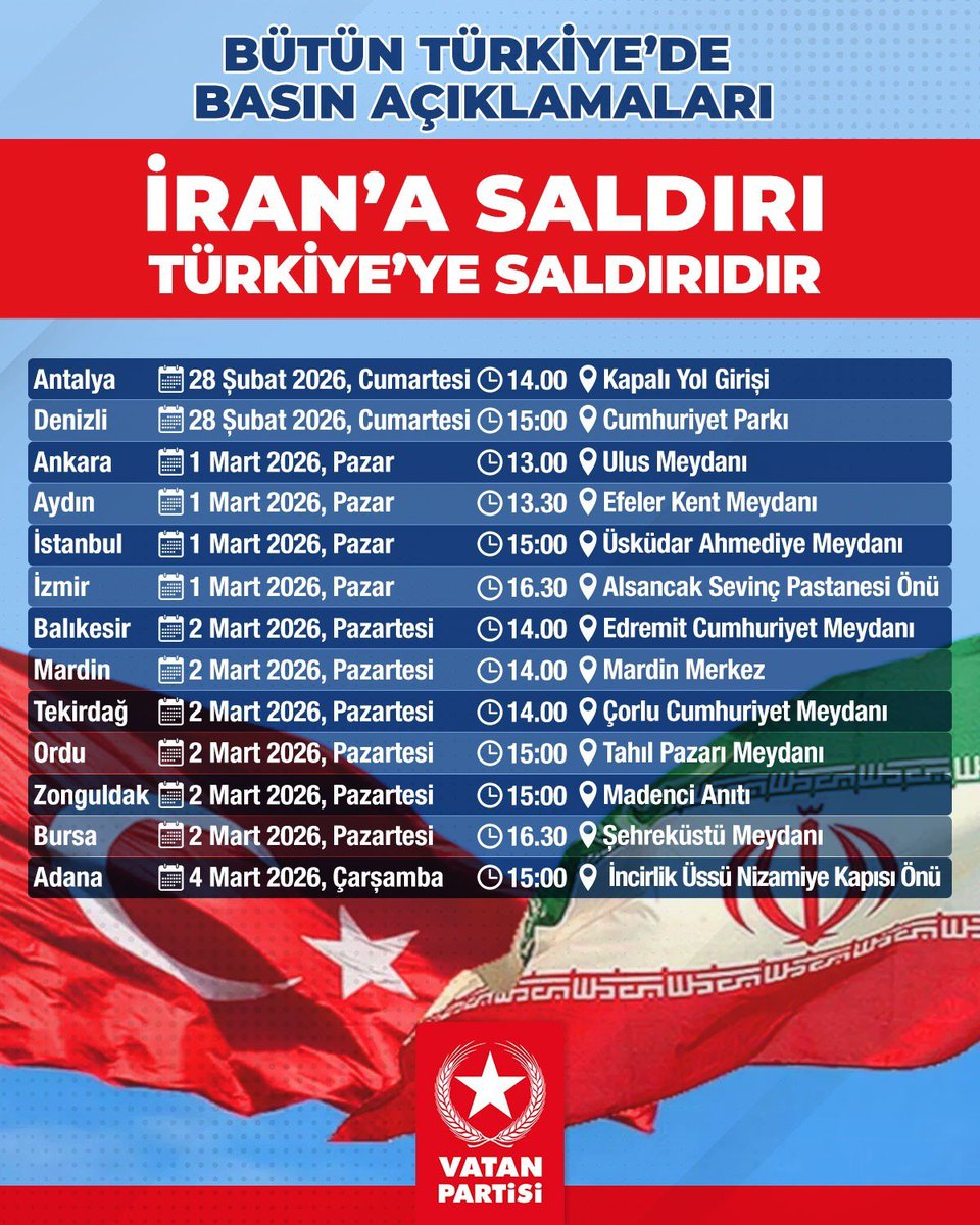 vatanpartisi48's tweet photo. İran'a Saldırı Türkiye'ye Saldırıdır!

Türkiye'de ABD ve İsrail saldırganlığına karşı ayağa kalkıyoruz!

Tüm vatandaşlarımızı yapacağımız açıklamalara davet ediyoruz! https://t.co/A9Z3mflvgr