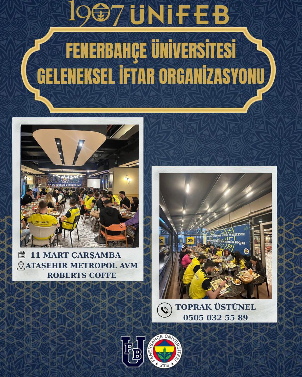 1907 ÜNİFEB Fenerbahçe Üniversitesi örgütlenmesi olarak her sene gelenek haline getirdiğimiz iftar organizasyonumuzu gerçekleştireceğiz. Katılmak isteyenler görseldeki numara ile iletişime geçebilir.