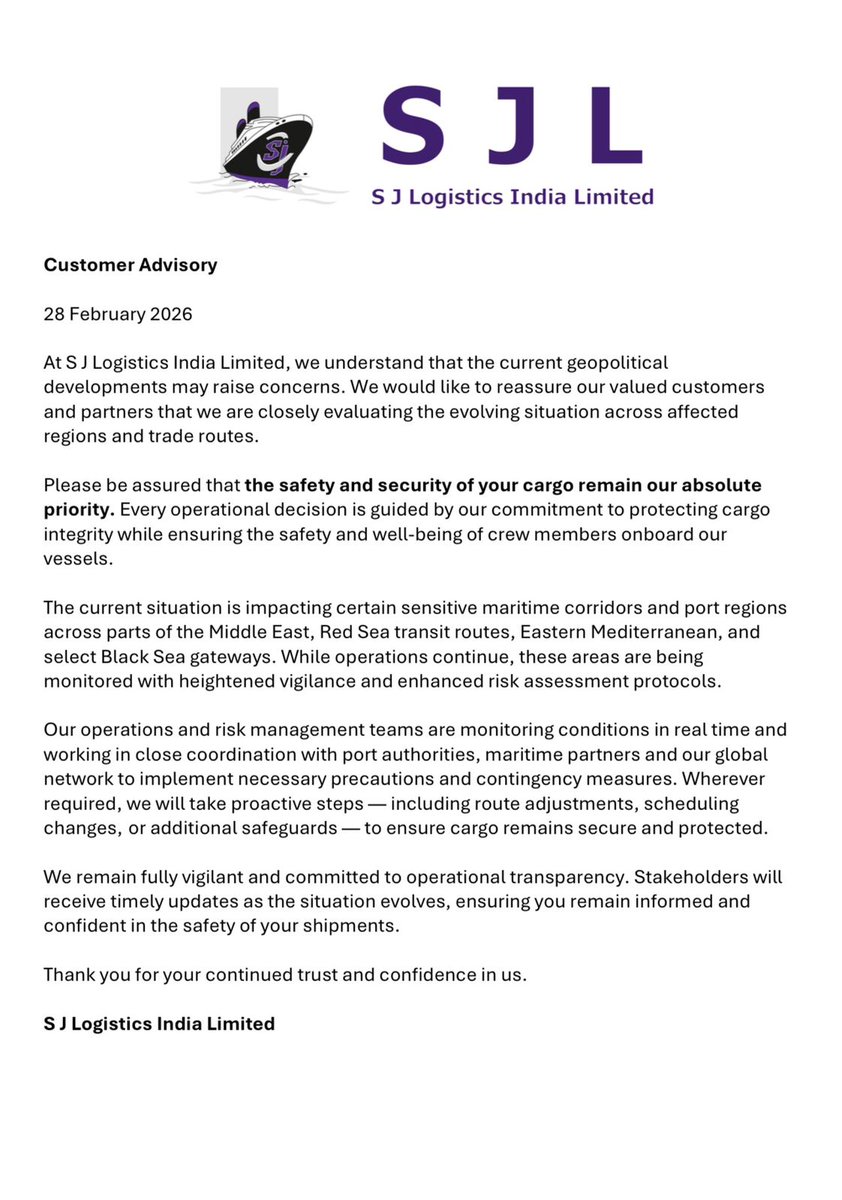 We are closely monitoring global developments and taking proactive steps to ensure cargo security and crew safety, with transparency and timely updates.
#CargoSafety #SupplyChain 
#Logistics #CustomerFirst #SJLogistics