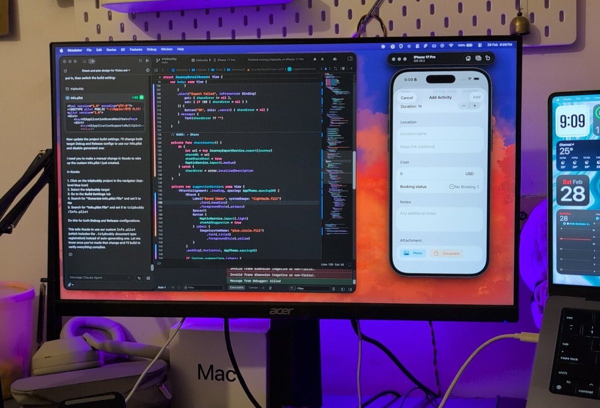 aruntemme's tweet photo. Coding intelligence in xcode is the best thing I have ever seen recently in the vibe coding market

And that too with claude integration 🤌

Built an entire MVP in 20 mins whereas expo is still struggling with wrong plist config 😭😭 https://t.co/YyBz7sqZKh