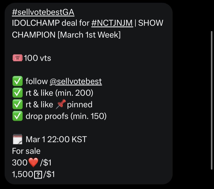 #sellvotebestGA
IDOLCHAMP deal for #NCTJNJM | SHOW CHAMPION [March 1st Week]

🎟️100 vts

✅ follow <a href="/sellvotebest/">sellvotebest</a> 
✅ rt &amp; like (min. 200)
✅ rt &amp; like 📌pinned
✅ drop proofs (min. 150)

🗓️ Mar 1 22:00 KST
For sale
300❤️/$1
1,500🩵/$1