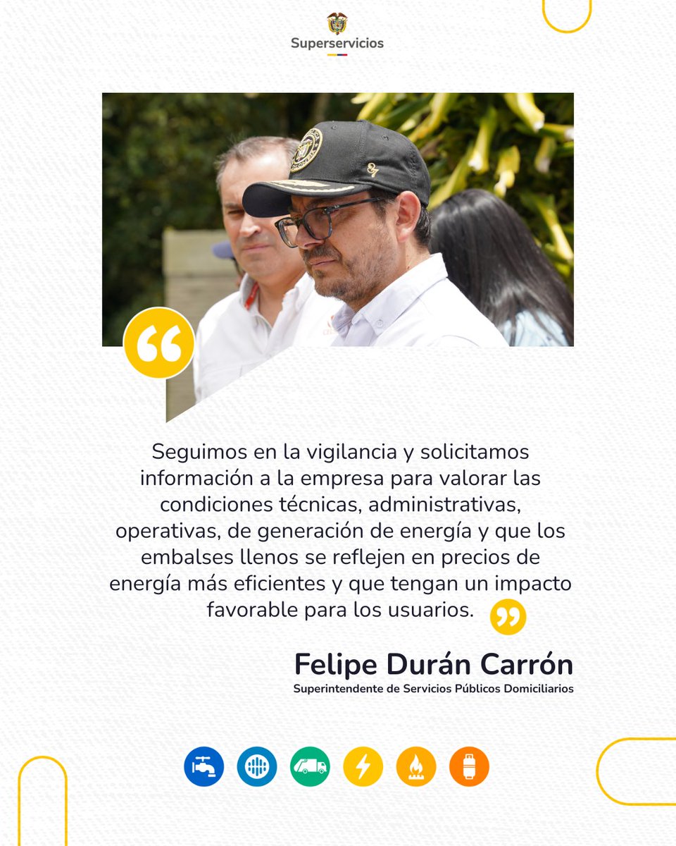 #EstoDijo el Superintendente de Servicios Públicos Domiciliarios, Felipe Durán Carrón (<a href="/felipedurancarr/">Felipe Durán Carrón</a>), durante la visita de inspección a la Central Hidroeléctrica de Calima, en el marco del seguimiento a embalses con altos niveles de llenado. La Superservicios continúa la
