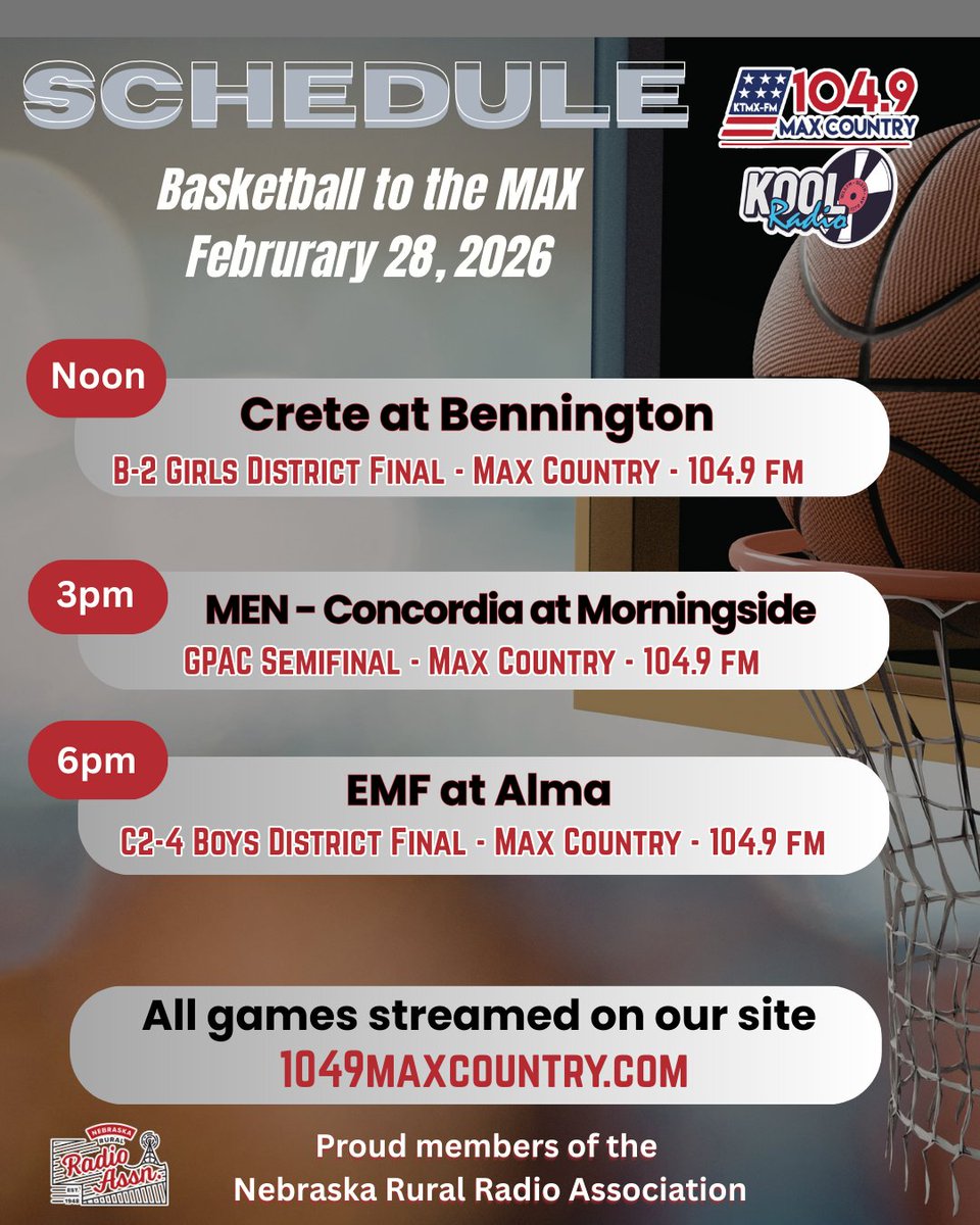 1049maxcountry's tweet photo. HUGE day of hoops on Max Country!
https://t.co/EkCj8OxNgr will have the online stream for all games.
#nebpreps | #gpac https://t.co/PkLzZv3jBf