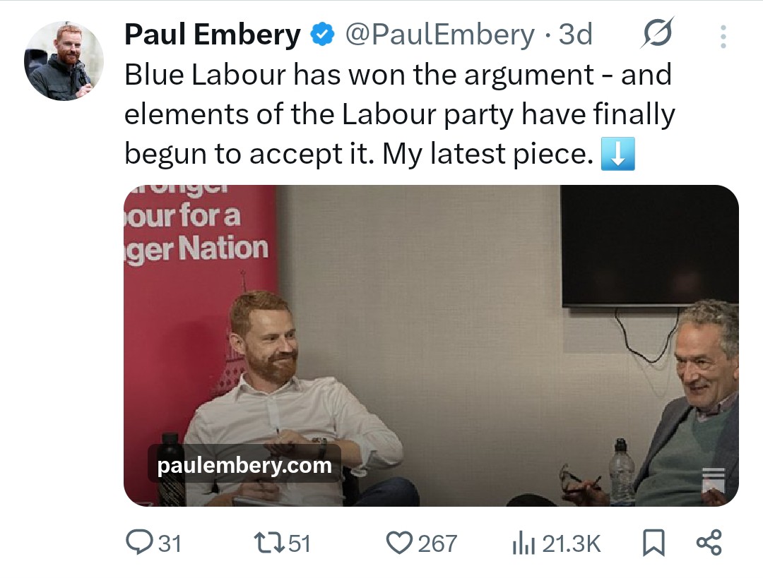 AndrewK19226879's tweet image. Along with #Mandelson, #BlueLabour peer Glasman was mentor to McSweeney. Careerist #Starmer allowed them to drive policy at No10
Blue Labour:
✅️nationalist "Patriotic Renewal"
❌️immigration 
✅️ID cards
❌️DEI
❌️ECHR
❌️EU
✅️use the Navy against small boats
